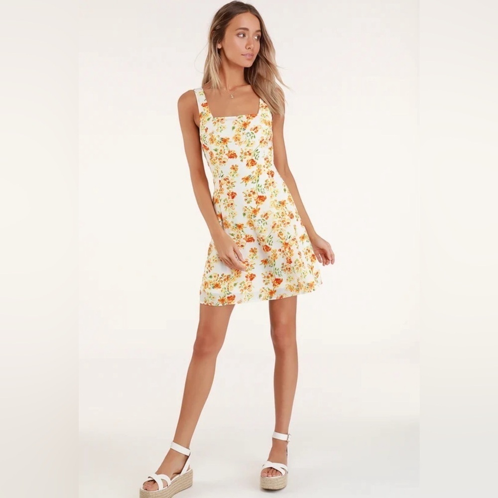 Day Date White and Orange Floral Print Tie-Back Dress XS